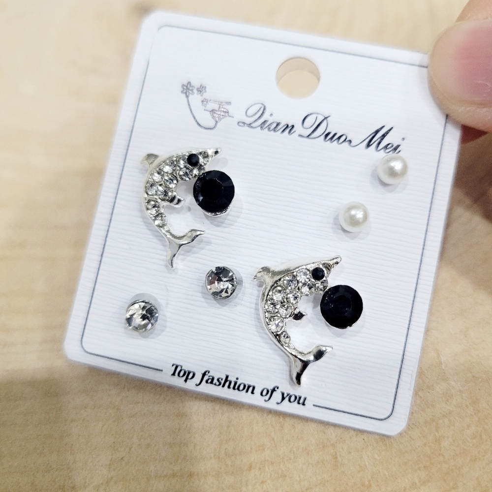 Brand New Set of 3 Silver Tone Dolphin Rhinestone Earrings